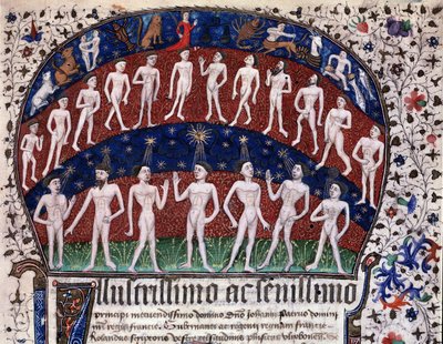 Lisbon, MS 52-XIII-18 f.1r, Miniature Representing the Correspondences Between the Organs and the Planets and the Influence of the Stars on the Moods, from 